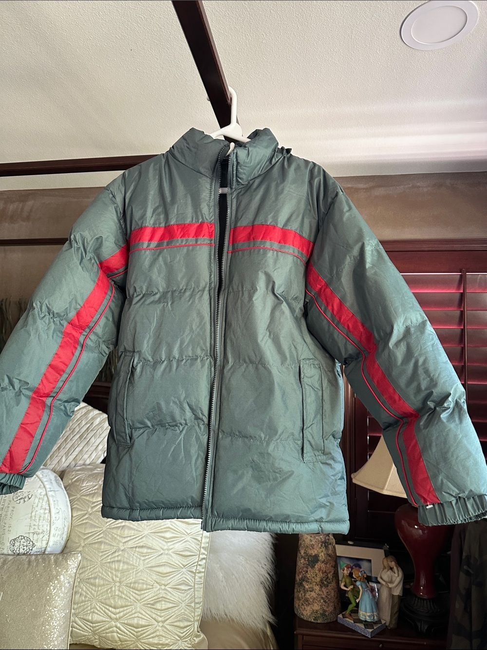 Men's Olive Green Puffer Jacket with Red Stripe Detail